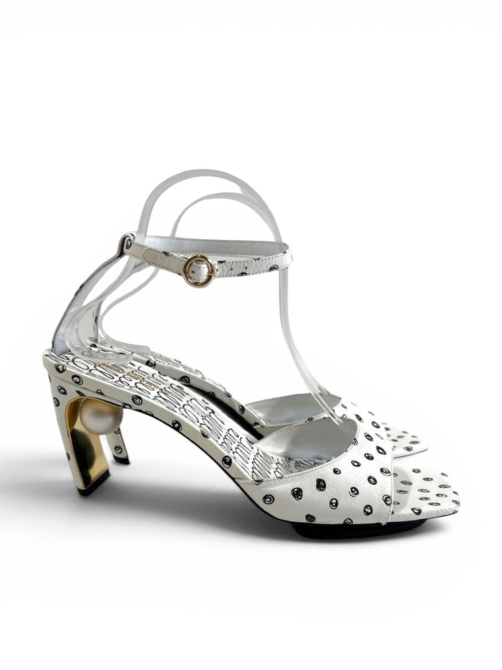 Nicholas Kirkwood MAEVA Ankle Strap Sandals in White & Black Doodle Print - Picture 2 of 16